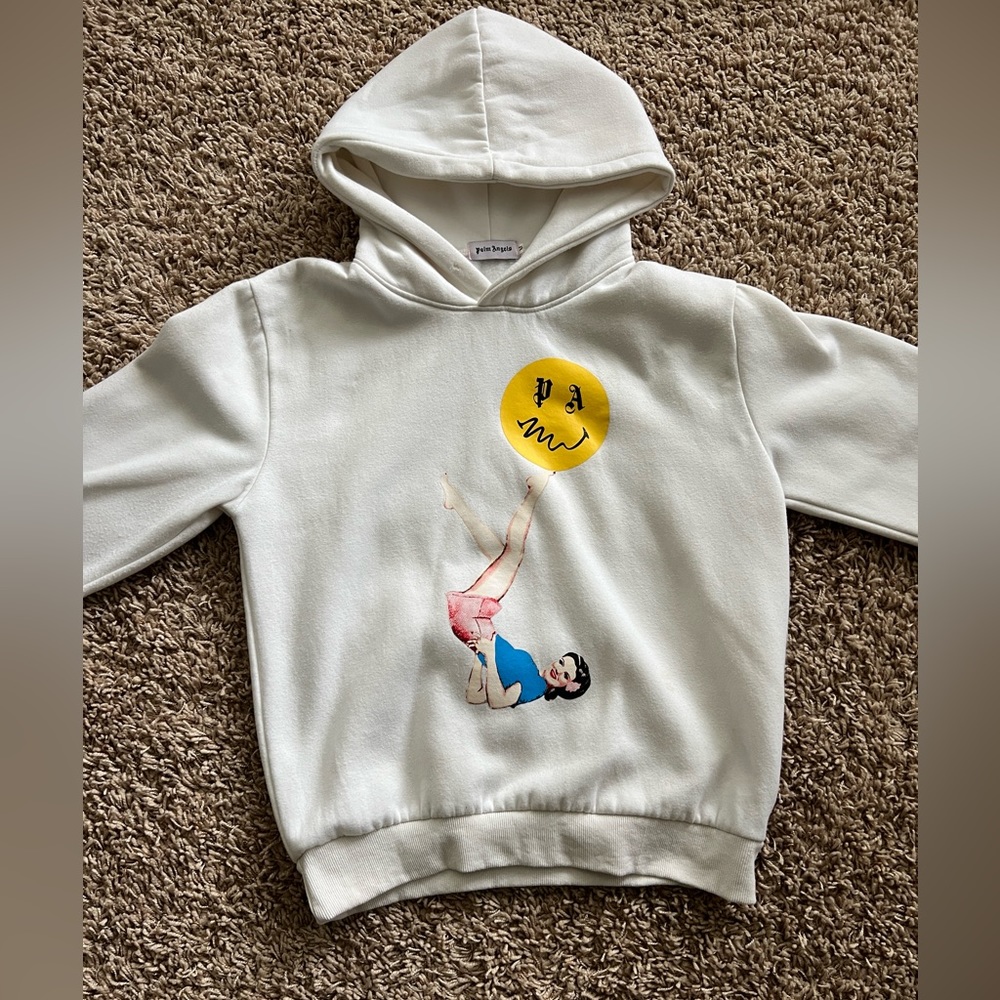 PALM ANGELS WHITE SMILEY EDITION JUGGLER PIN-UP HOODIE